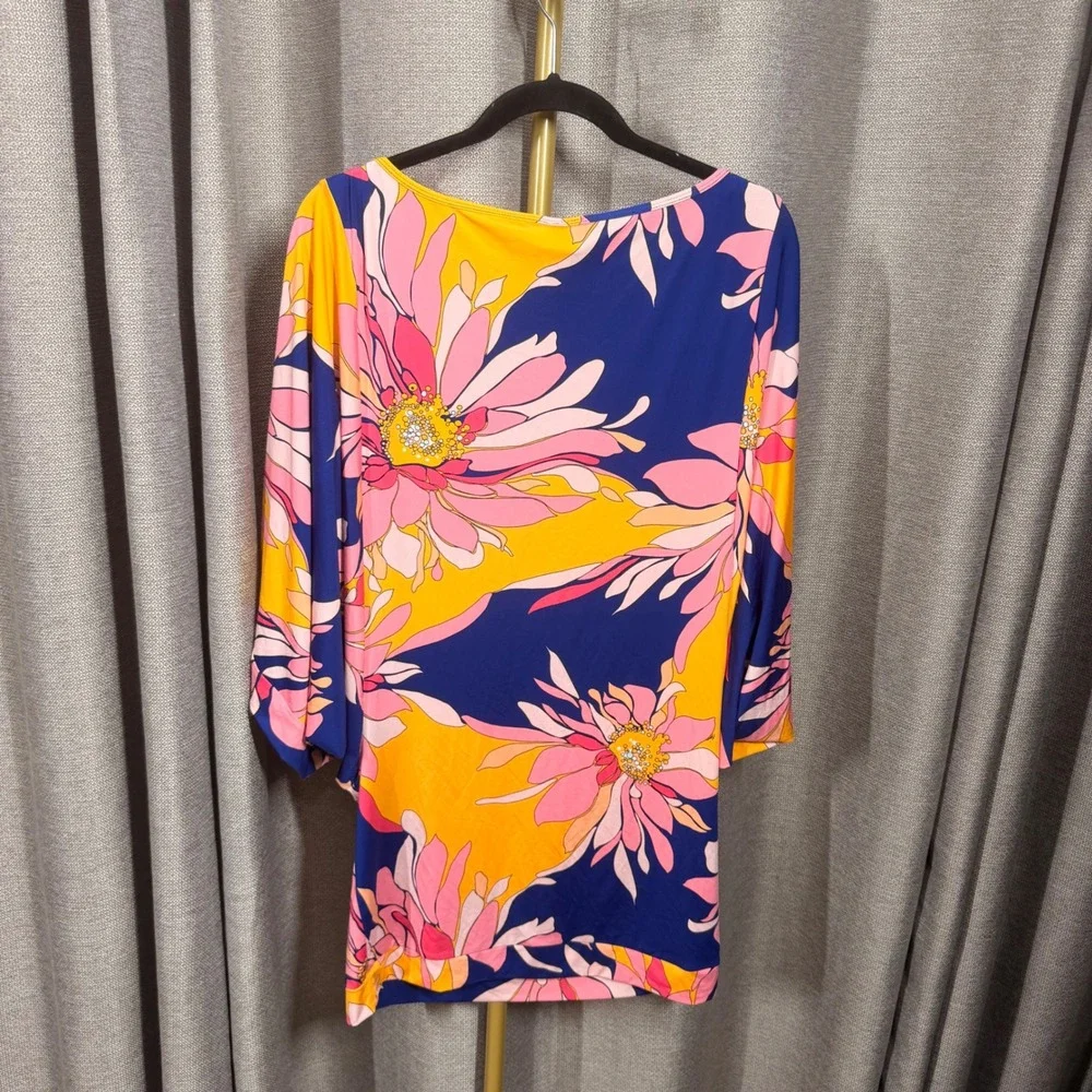 Trina Turk Floral Long Sleeve One Piece Swimsuit & Cover Up Set Blue Pink Large